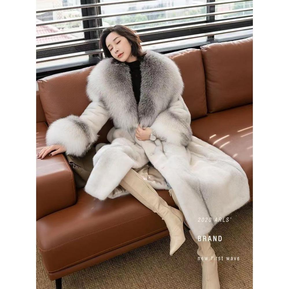Norkový kabát Nový Kožešinový Kabát Celebrity Liščí Kožešina Límec Dlouhý Imitace Kůže Norkový Kabát