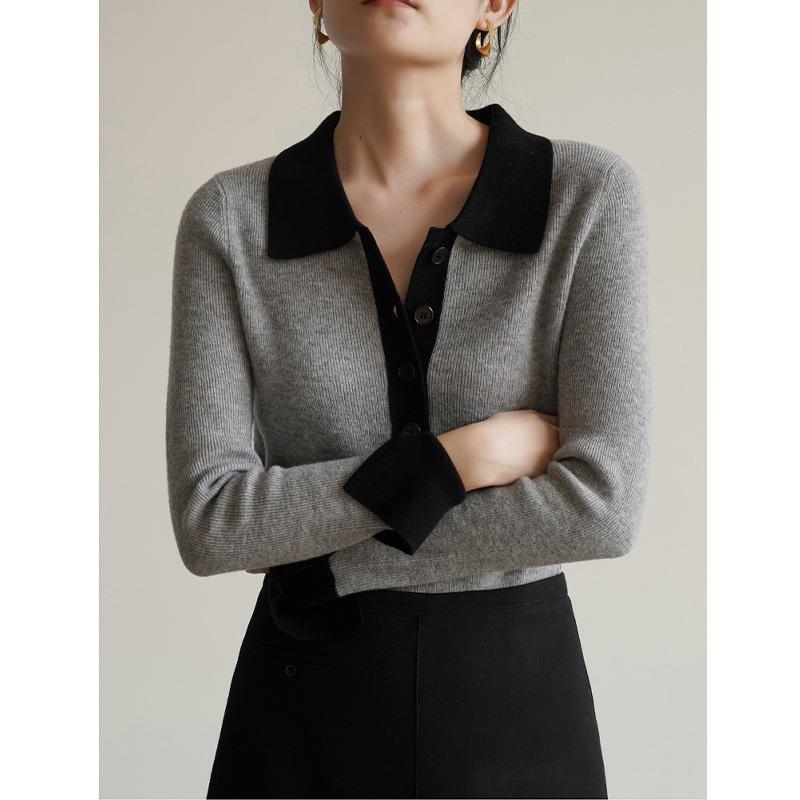 Polo Lapel Sweater Bottoming Shirt Women's Autumn and Winter Senior Sense Slim and Thin Knitted Sweater Contrasting Color Inner Top
