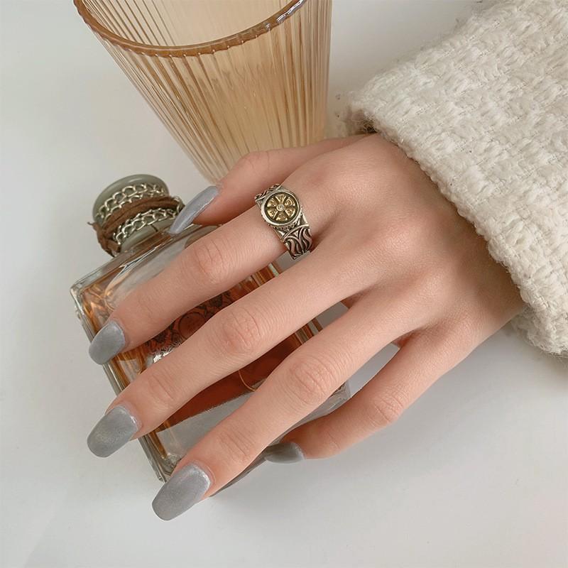 Adjustable Open Ring Men Women Vintage Sunflower Design Six Words Mantra Geometric Statement