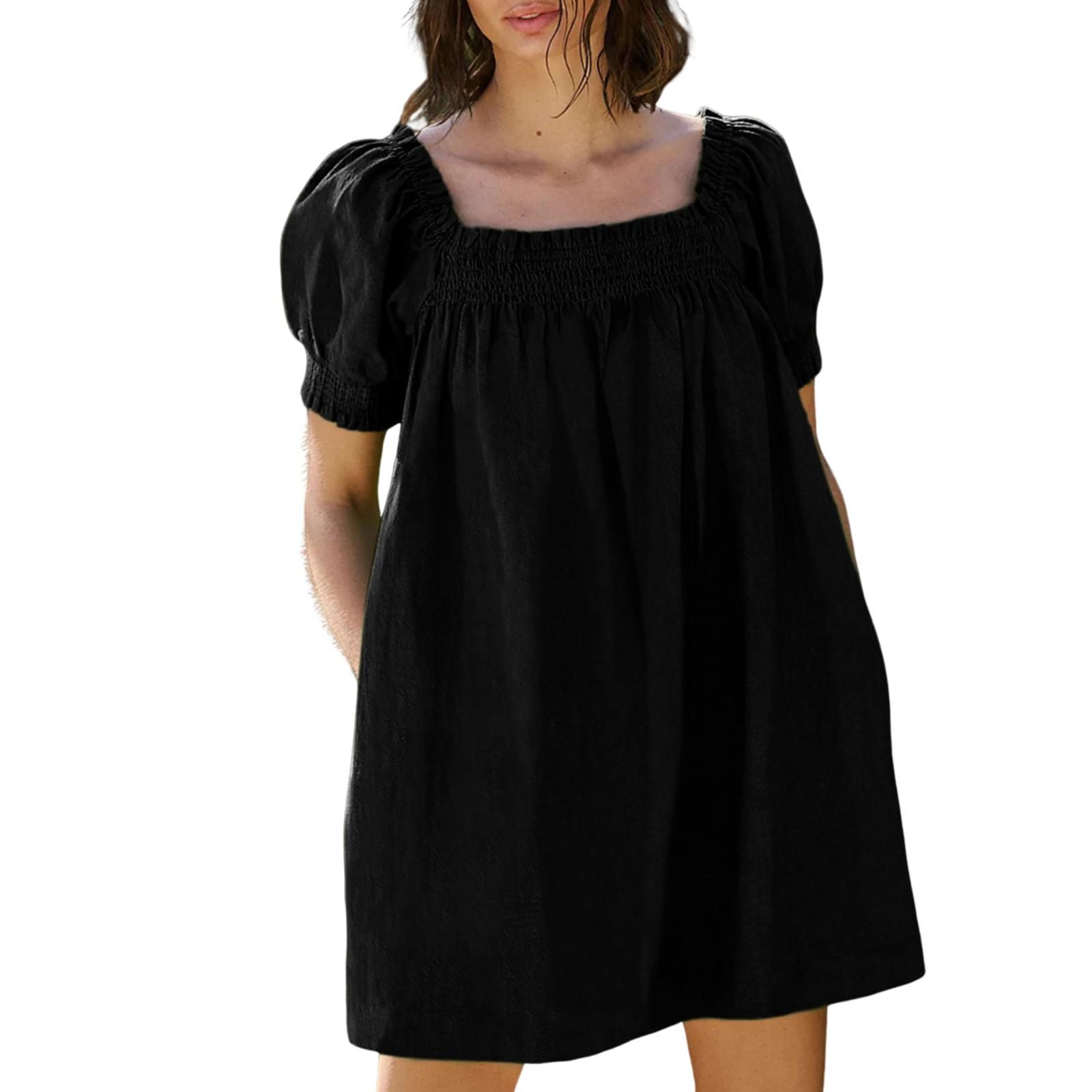 

Женское летнее свободное повседневное платье с коротким рукавом и U-образным вырезом M чёрный