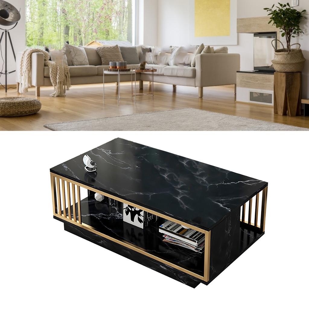 Coffee Table Metal Faux Marble Pattern Modern Rectangular Center Table for Home Living Room Office
