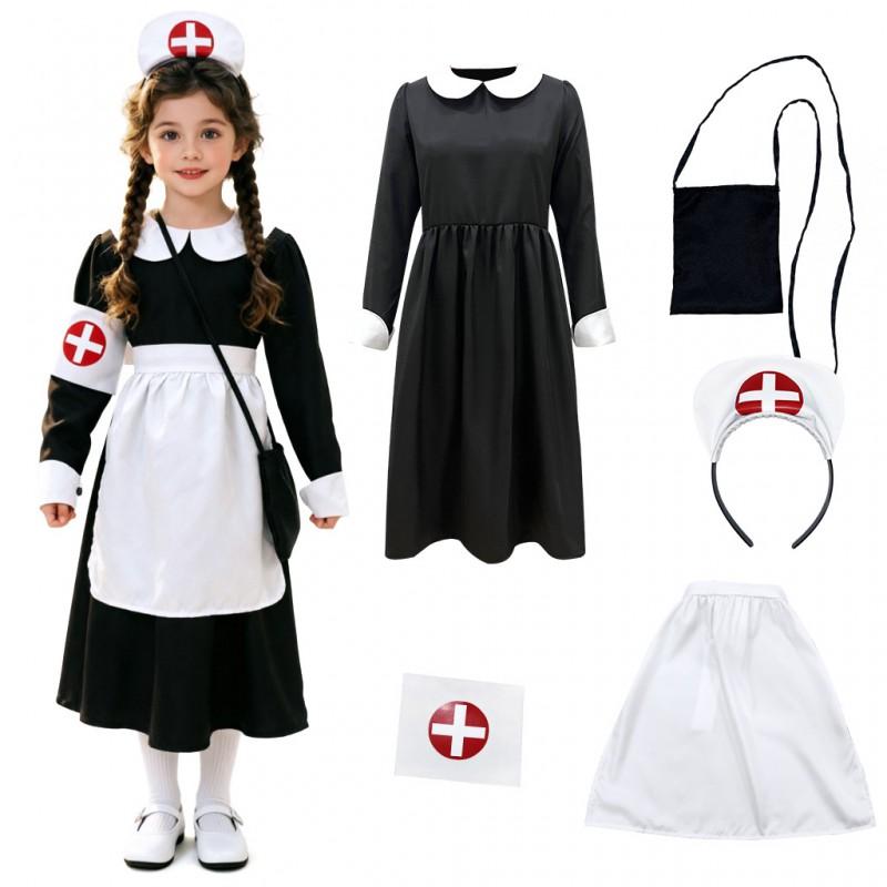 Women Kids Matching Nurse Costume Set Black White Classic Cosplay Outfit Stage Performance Halloween Role Play