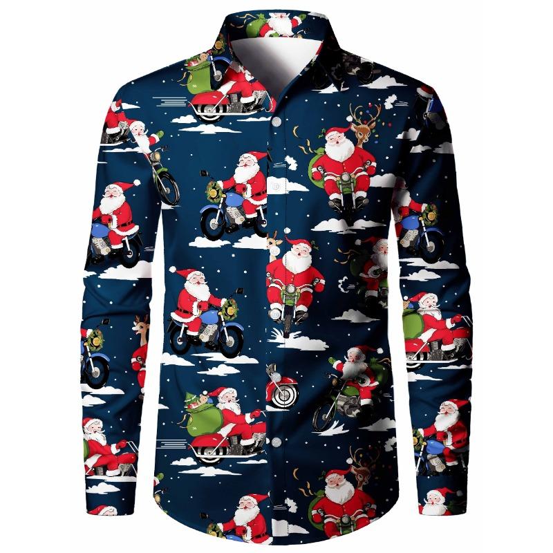 Christmas Theme Fashion Men's Casual Long Sleeve Shirt Breathable Tops Santa Claus Themed Stylish Pattern Full Sleeve Shirts