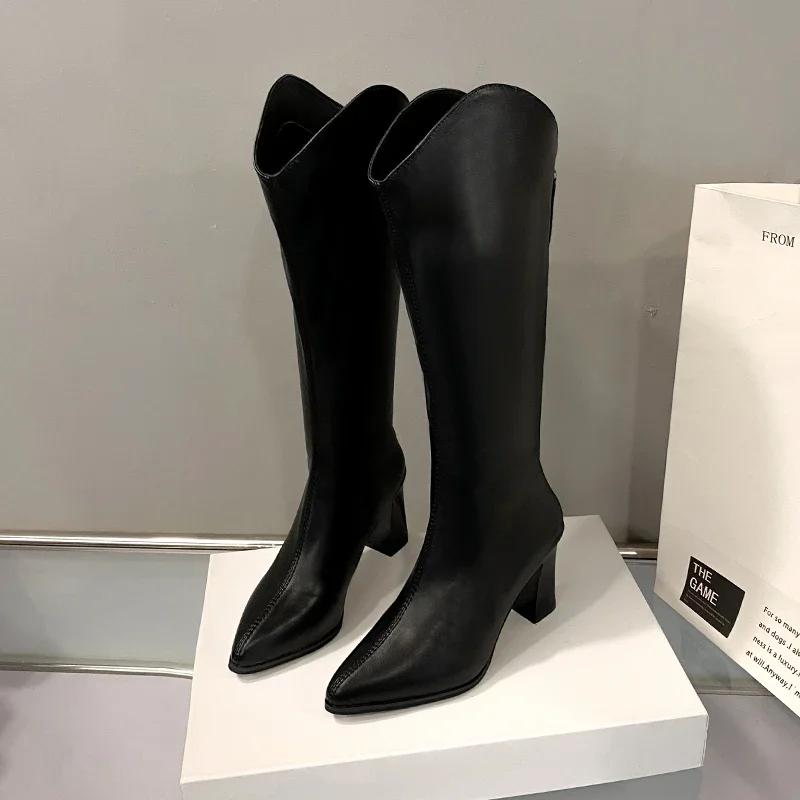Móda Nové Dámské Kozačky Zip Silný Vysoký Podpatek Jednoduché Silné Vysoké Podpatky Podzimní Zimní Kozačky Nad Koleno Botas