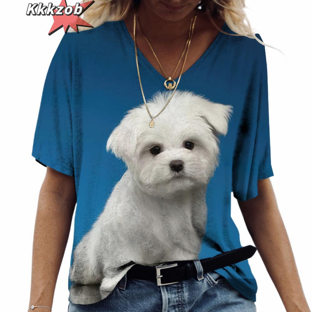 3D Print Pet Dog Summer Fashion 2025 Hot Sale Ladies T Shirt Short Sleeve Tops V Neck Streetwear Harajuku Casual Pullover