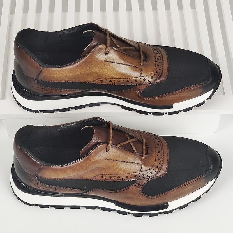 Brand Design Men's Sneakers Real Leather and Cloth Patchwork Lace Up Brown Brogue Oxford Casual Dress Shoes for Men