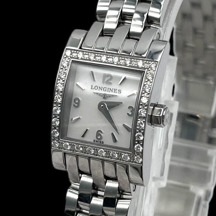 Used New battery, working condition LONGINES Dolce Vita L51610 diamond bezel shell dial ladies watch quartz QZ 2-hand silver