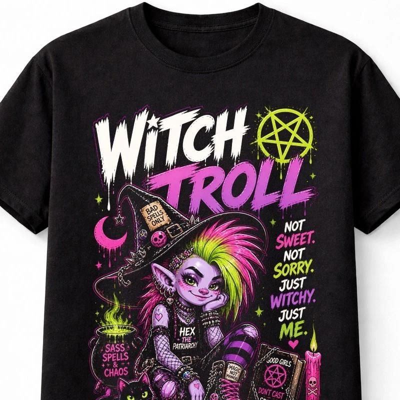 Witch Troll Halloween TShirt Goth Magic Cat Occult Spooky Punk Unisex TShirt S