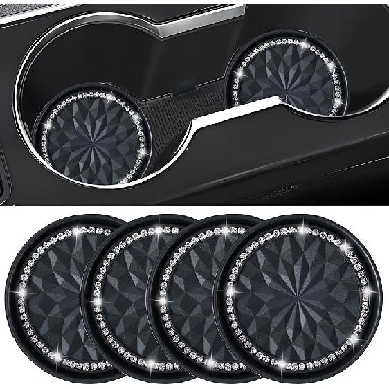 Amooca Car Cup Coaster 4 Pack Universal Non-Slip Cup Holders Ert Coasters Bling Crystal Rhinestone Car Interior Accessories Black Flower