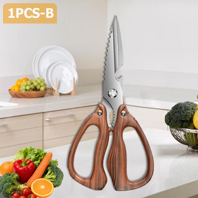 Stainless Steel Kitchen Scissors Acacia-Handled Chicken Bone Shears Multi-Purpose Cutting Meat Fileting Fish Kitchen Shears