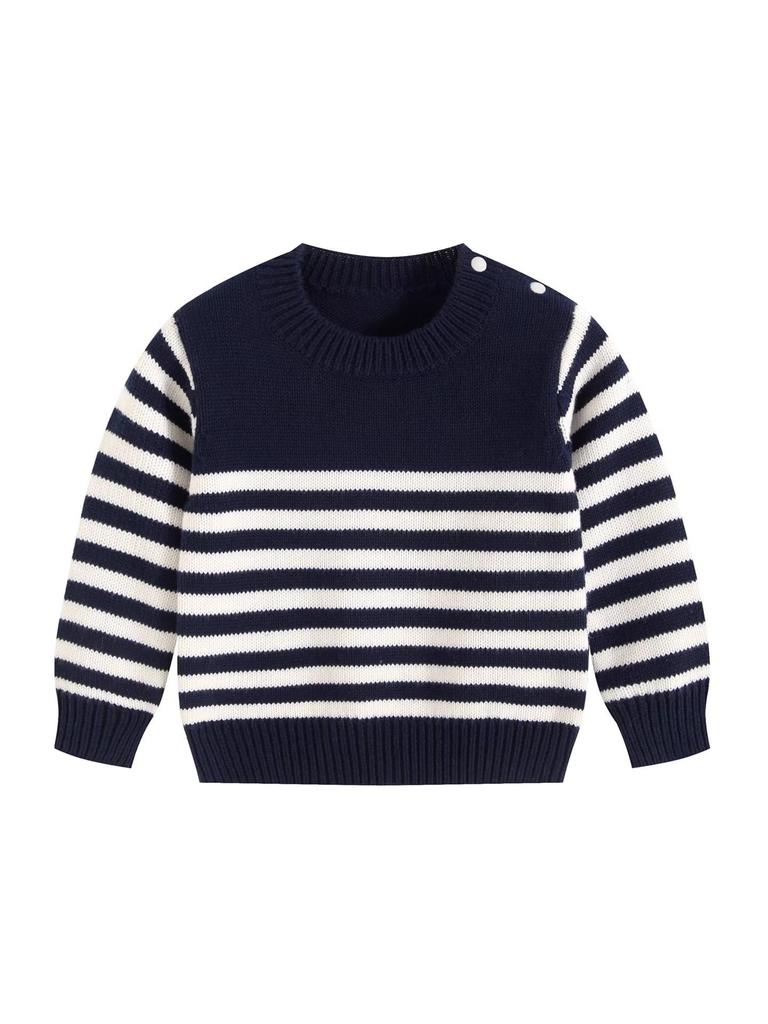 Frühling & Herbst Baby Baumwolle Knopf Strickpullover - Unisex Rundhals Streifen Oberteil