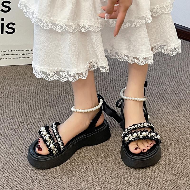 Fashion Women's Sandals Summer New Thick Bottom Round Head Open Toe Pearl Buckle Sandals Casual Fashion Soft Sole Non-slip Sandals