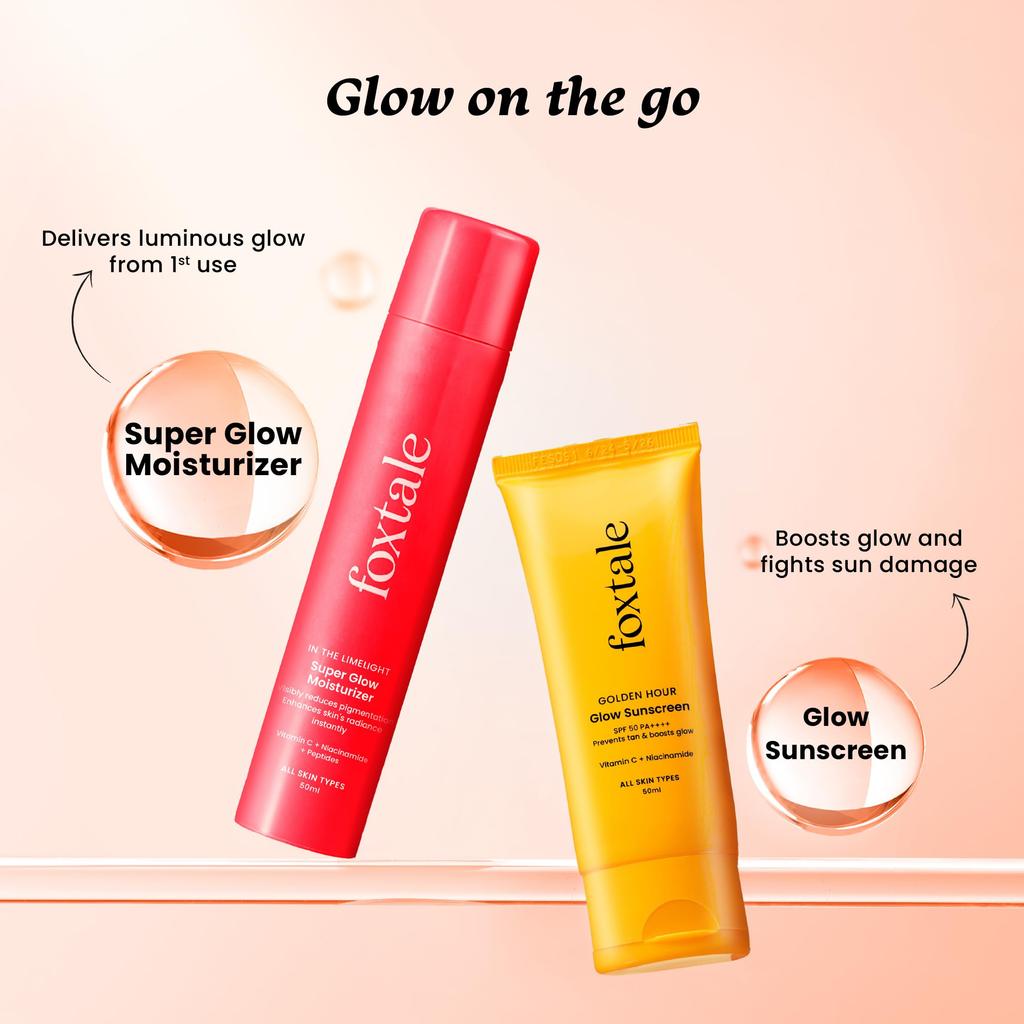 Foxtale Golden Glow Duo | SPF 50 Glow Sunscreen & Super Glow Moisturizer | Vitamin C, Niacinamide & Peptides | Brightens, Hydrates, Prevents Tan