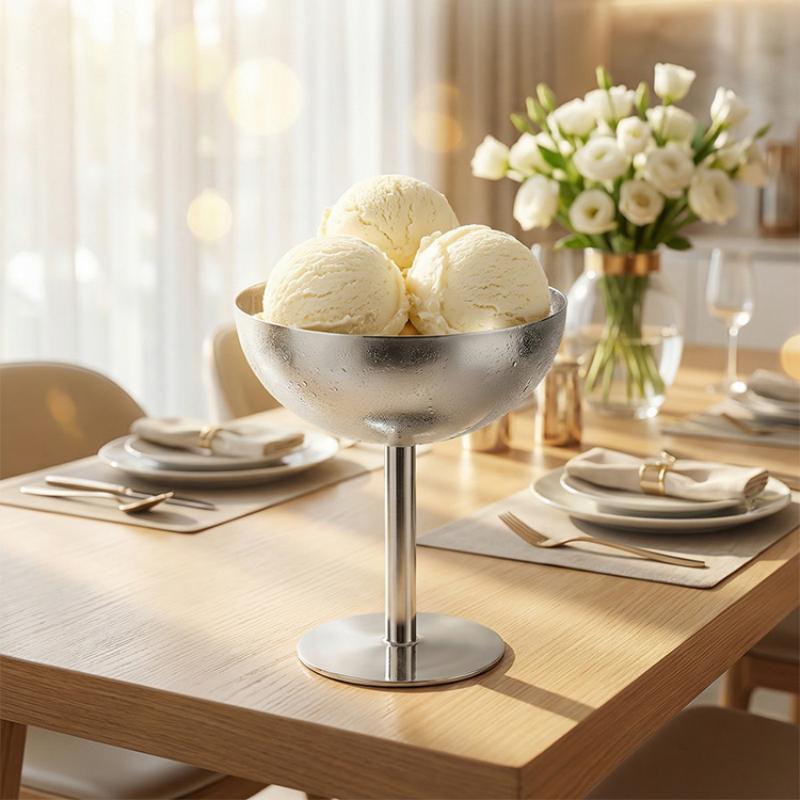 Ice Cream Footed Bowls Stainless Steel Reusable Dessert Cups Set For Sundae Fruit Snack Party Dessert Bowl Round Yogurt Cup