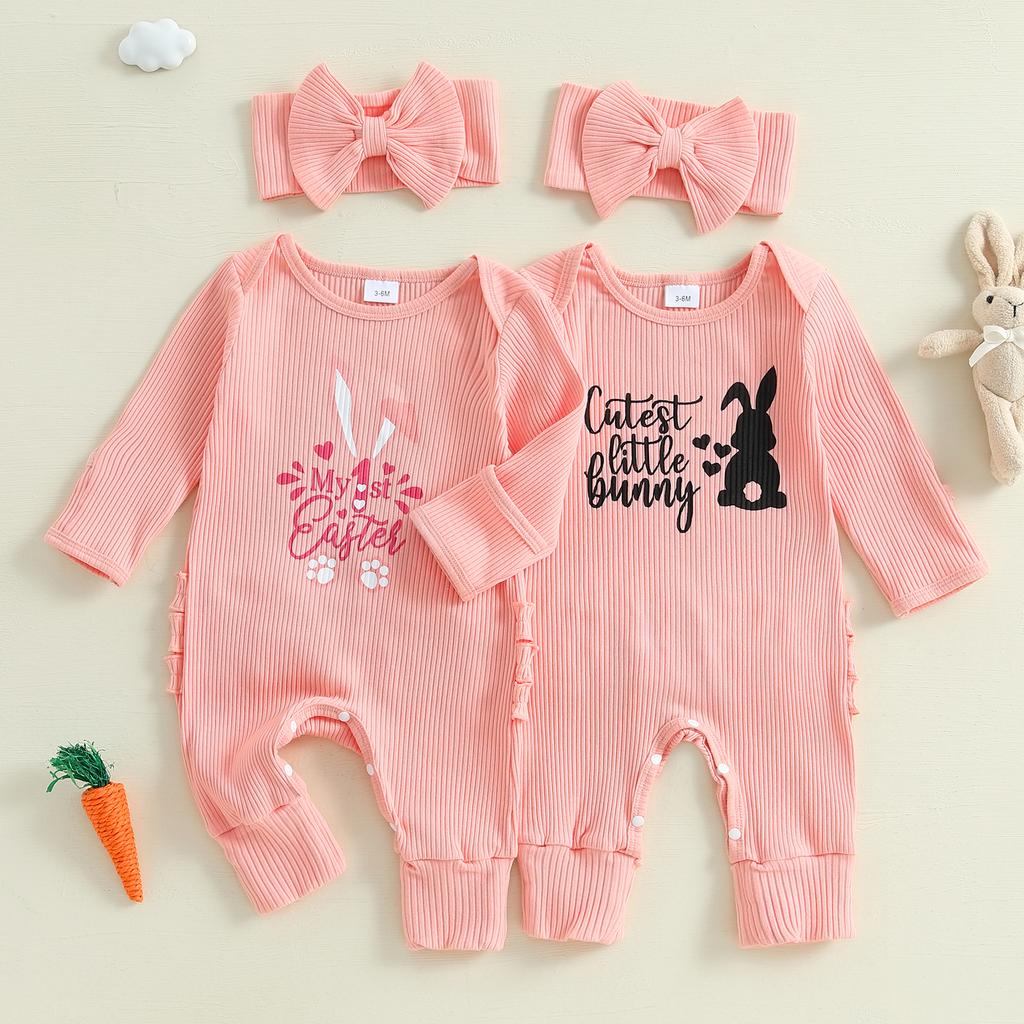 Baby Girls Rompers Easter Clothes Letter Rabbit Print Frills Infant Bodysuits Jumpsuits with Headband