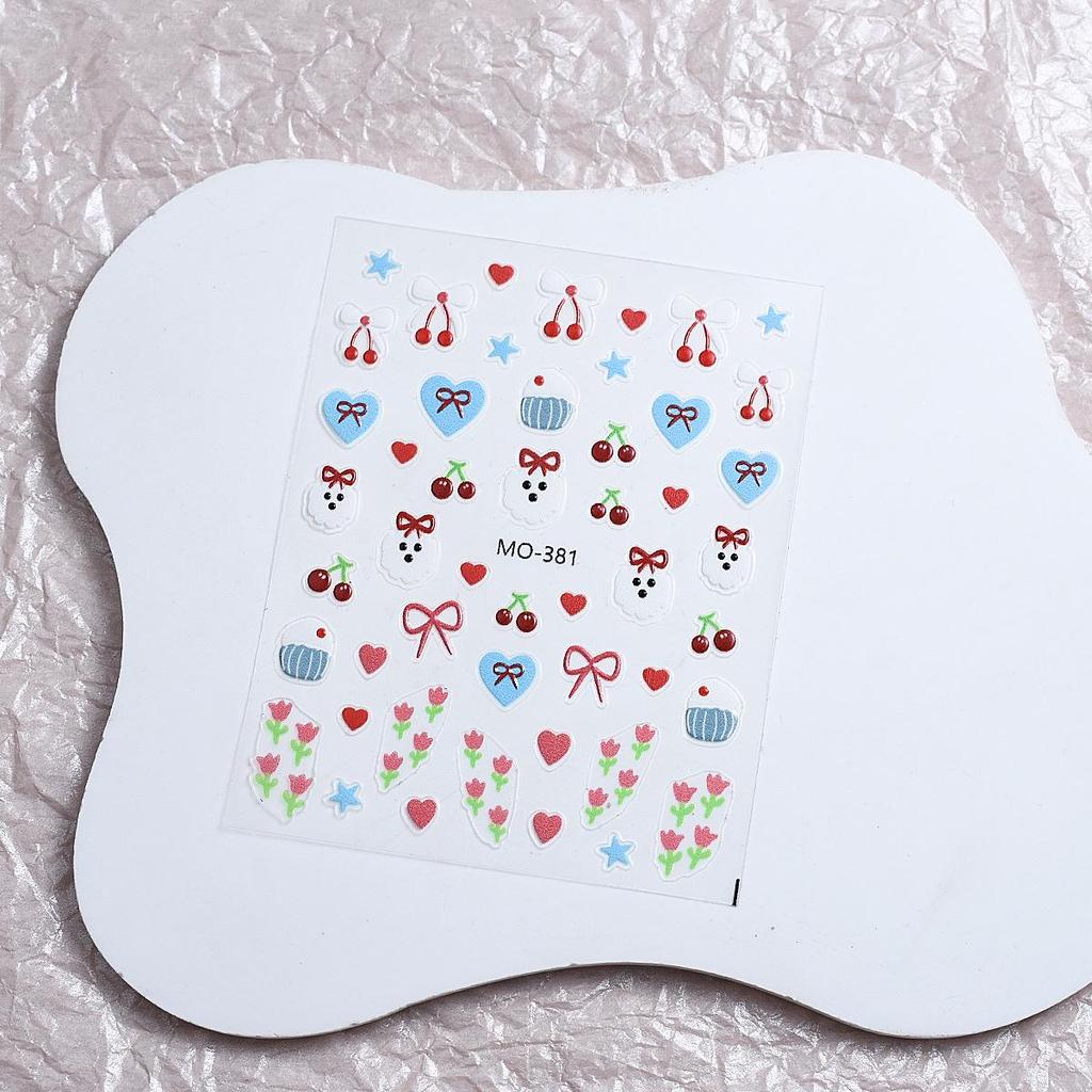 3D Cute Bow, Cherry, and Heart Embossed Nail Stickers - Self-Adhesive Decals