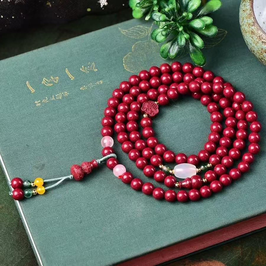 Women s Natural Cinnabar & Purple Gold Sand Bracelet with Multi-strand Pixiu & Lucky Bag - Polished Birthday Gift