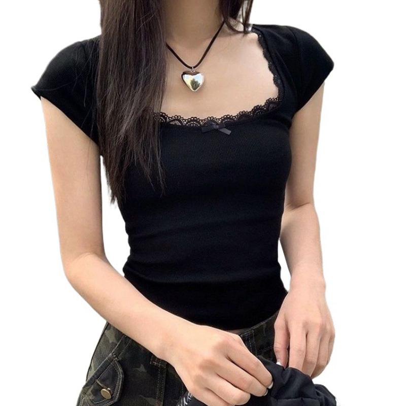 

Женская облегающая футболка с квадратным вырезом и кружевным бантом, повседневная футболка с короткими рукавами M чёрный