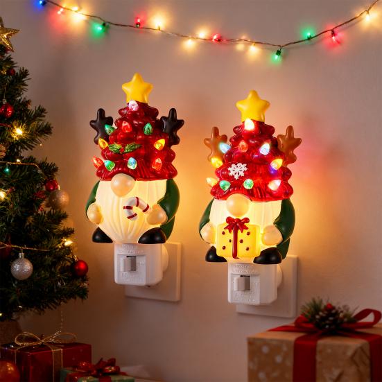 Yousheng Christmas Gnome Night Light Resin Faceless Dwarf Xmas Tree LED Night Light with Multicolor Bulbs And On/Off Switch for Home Bathroom Bedroom