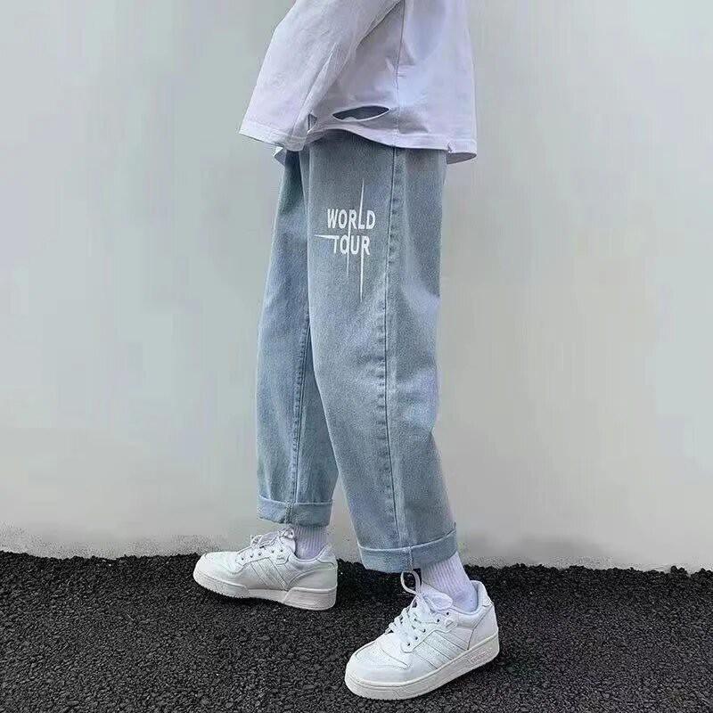 Calças Jeans Masculinas Y2K Hip Hop Góticas de Perna Larga Corte Amplo Streetwear Calças de Brim Calças Casuais