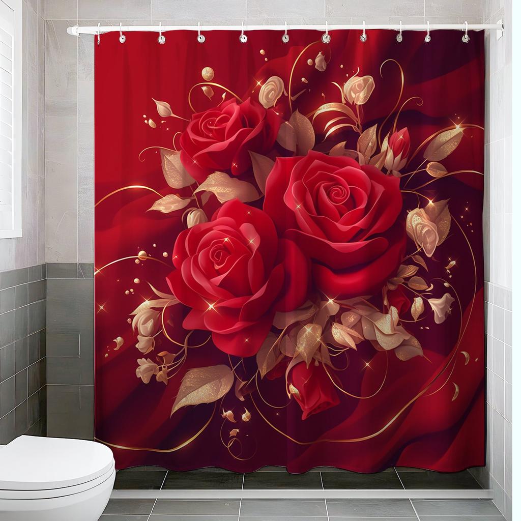 Romantyczna czerwona róża zasłona prysznicowa - Luksusowe kwiatowe i złote akcenty do wystroju łazienki, dodaje elegancji i świątecznego piękna