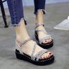 Sandals Women's 2025 Summer New Korean Version of Muffin Thick-soled Rhinestone Versatile One-word Buckle Student Slope Heel Flat-soled Women's Shoes