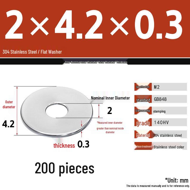 304 Stainless Steel Thickened Flat Washer Set, Sizes 2-36