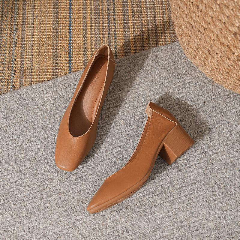 Leather 3.5cm thick heel middle heel single shoes women's spring and autumn new French square head professional work non-grinding feet grandma shoes