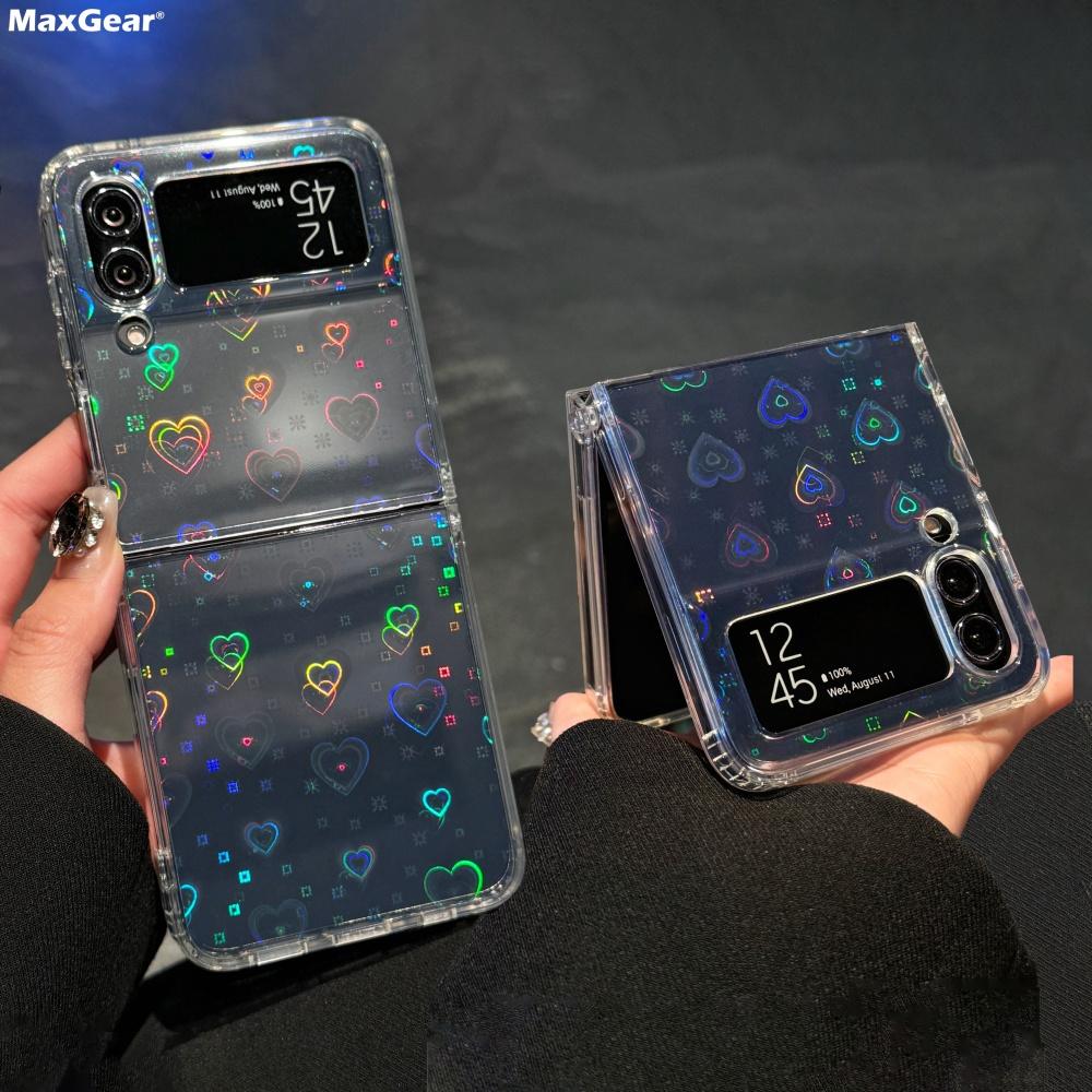Luxury Laser Heart Flash Phone Case For Samsung Galaxy Z Flip 6 5 4 3 Zflip6 Zflip5 Zflip4 Zflip3 Transparent Folding Funda