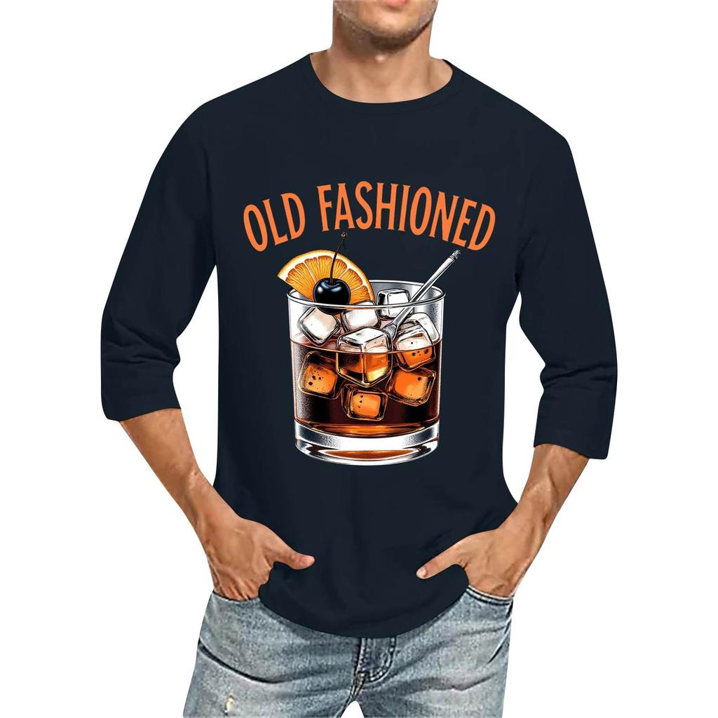 Men's Fashion Casual Seven-Point Sleeve Print Round Neck Top