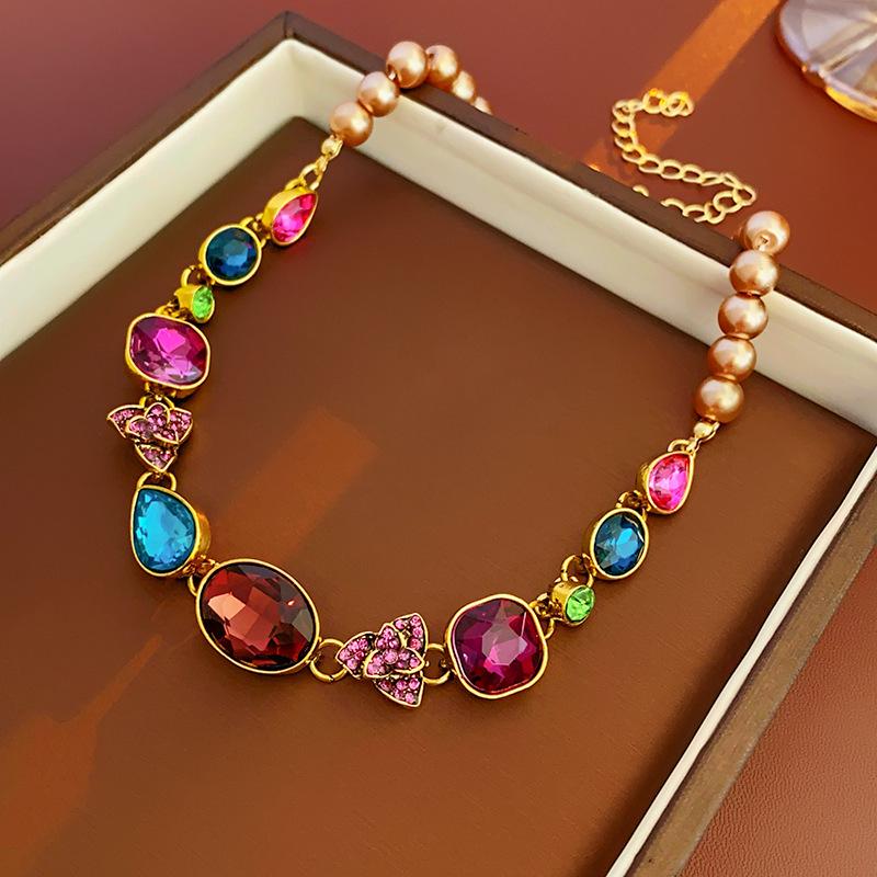 Pre-owned Vintage Retro Diamond-Encrusted Round Necklace & Clavicle Chain Set