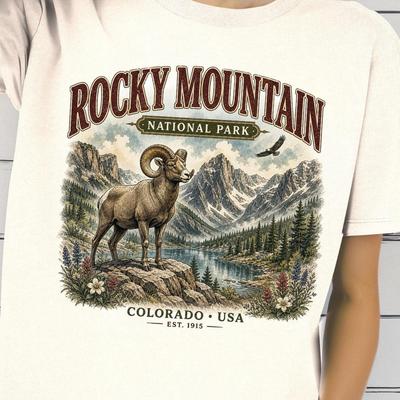 Rocky Mountain Shirt, Colorado National Park T Shirt, Bighorn Sheep Shirt, Mountain Lake Tee, Hiking Nature Shirt