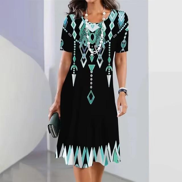 3D Geometric Stripe Print Elegant Women's Short-sleeved Summer Dress