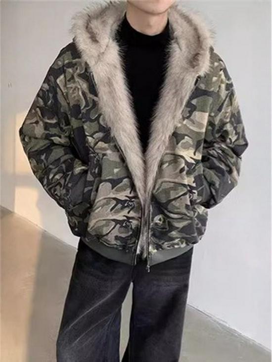 

2026 Men s Retro Washed Camo Hooded Jacket with Fur Collar - Casual and Stylish Design S камуфляж зелений колір
