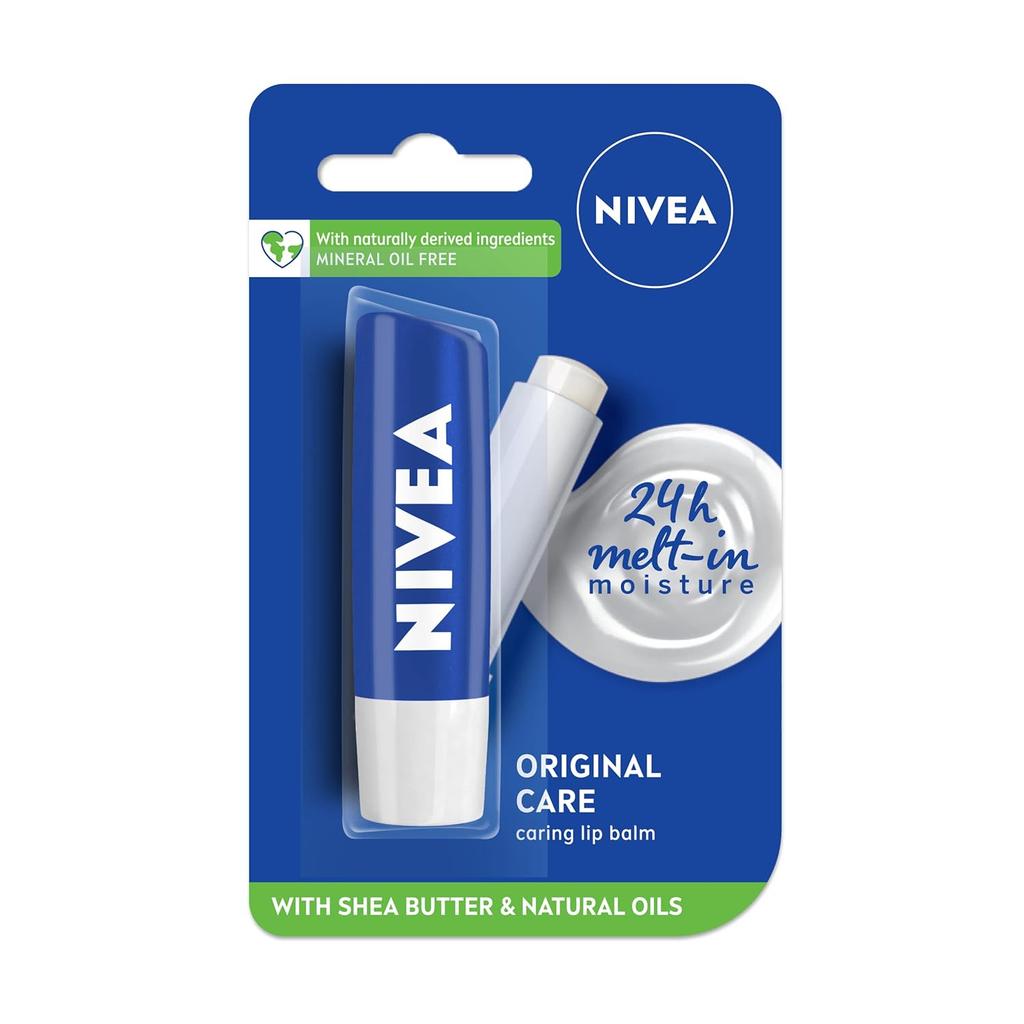 Nivea Original Lip Balm Stick For Dry Lips 4.8g Pack Of 1 | 24H Moisture Care With Natural Oils | Transparent Shine For Smooth Lips