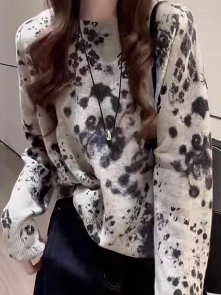 Korean Autumn Tie-Dye Wool Round Neck Pullover Sweater for Women (2025)