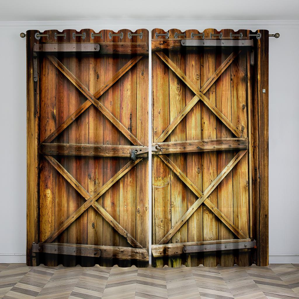 3D Realistische Holztür Steintür Bedruckter Vorhang für Schlafzimmer Wohnzimmer Boden-zu-Decke Fenster Küche Jalousien Cortinas 2St