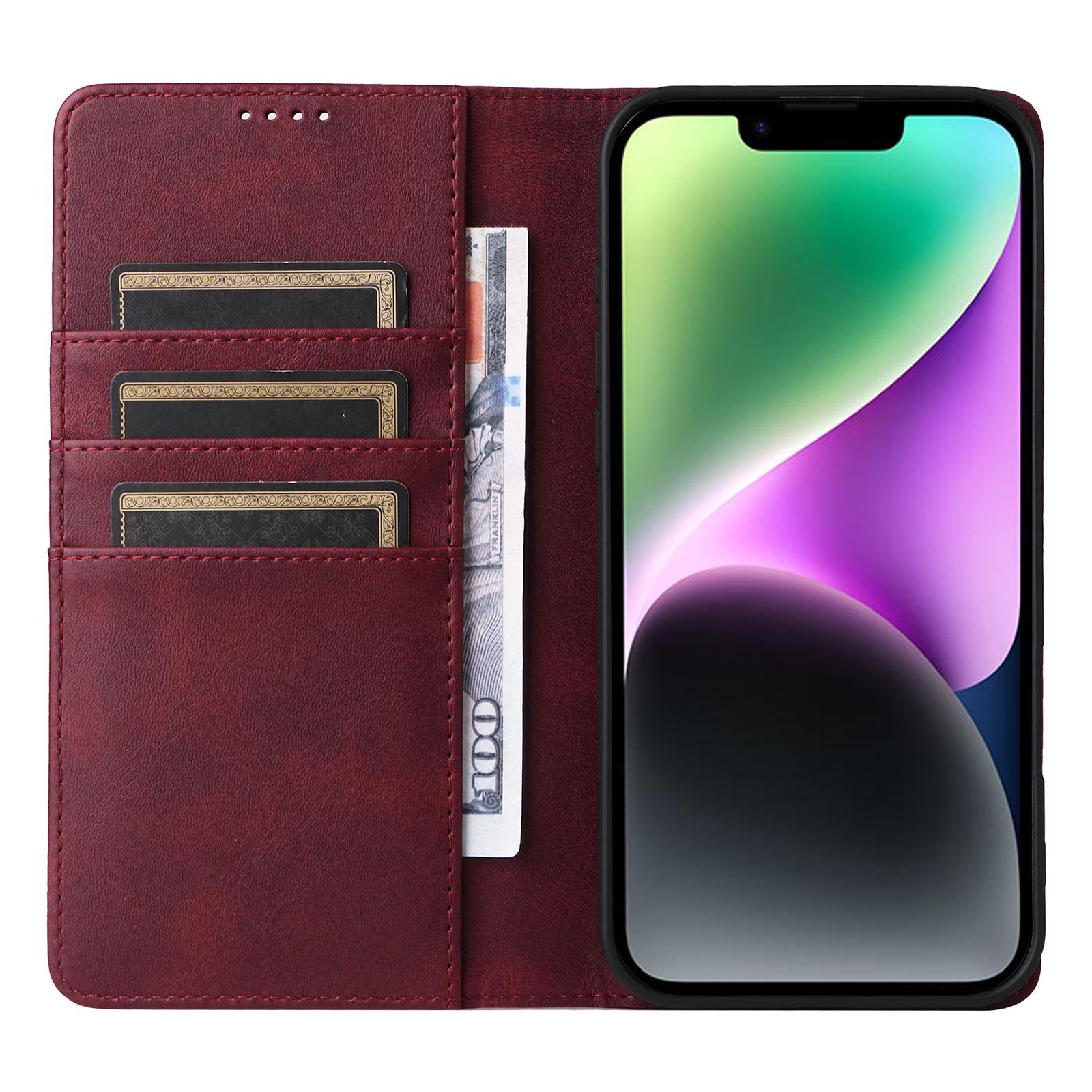 

For iPhone 14/13 Case RFID Blocking PU Leather Phone Wallet Cover Wine Red