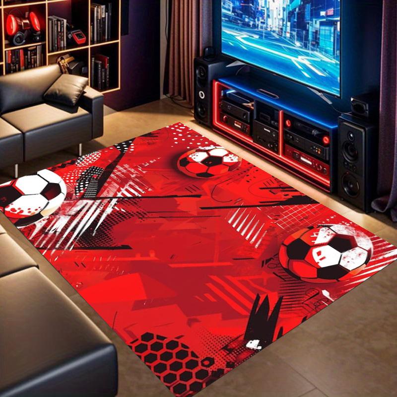 Red Graffiti Soccer Ball Geometric Print Area Rug Sport Theme Non Slip Rectangular Floor Mat Football Fan Gaming Room Bedroom Decor Rug