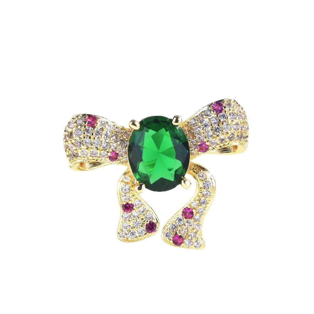 Women Emerald Bow Jewelry Set European Luxury Open Ring Pendant Earrings Necklace with High Carbon Diamonds