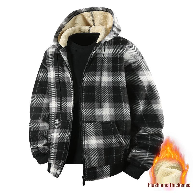 Europäischer Herren Herbst-Winter Gestreifter Karomuster Samt Hoodie Strickjacke - Verdickt Mode Lässig Sportbekleidung
