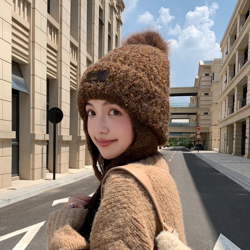Autumn and Winter Plush Hat Women's Plush Warm Ear Protection Knitted Wool Hat Shows the Face Small Versatile Pullover