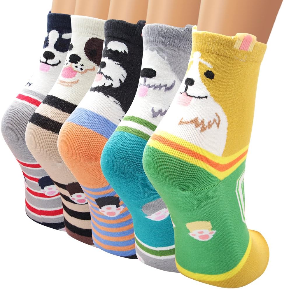 5 Pairs of Women's Crew Socks with Cat Patterns, Cute, Unique, Fun, Comfortable, Moisture-Wicking