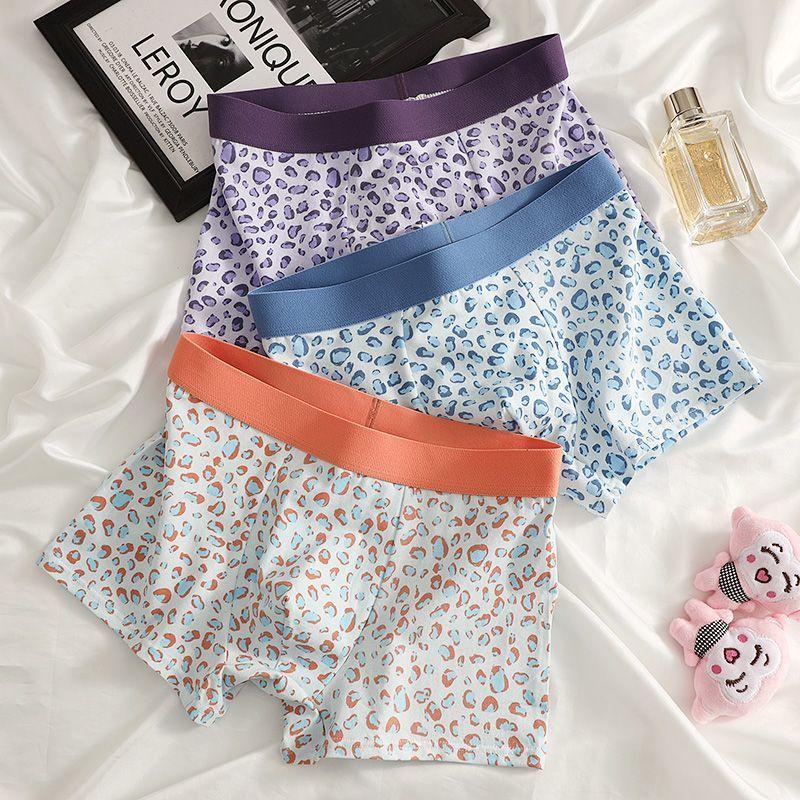3 buc Lenjerie de corp sexy și drăguță cu imprimeu leopard pentru bărbați, șorturi confortabile și respirabile, șorturi la modă cu colț plat și pantaloni cu colț pătrat, boxeri