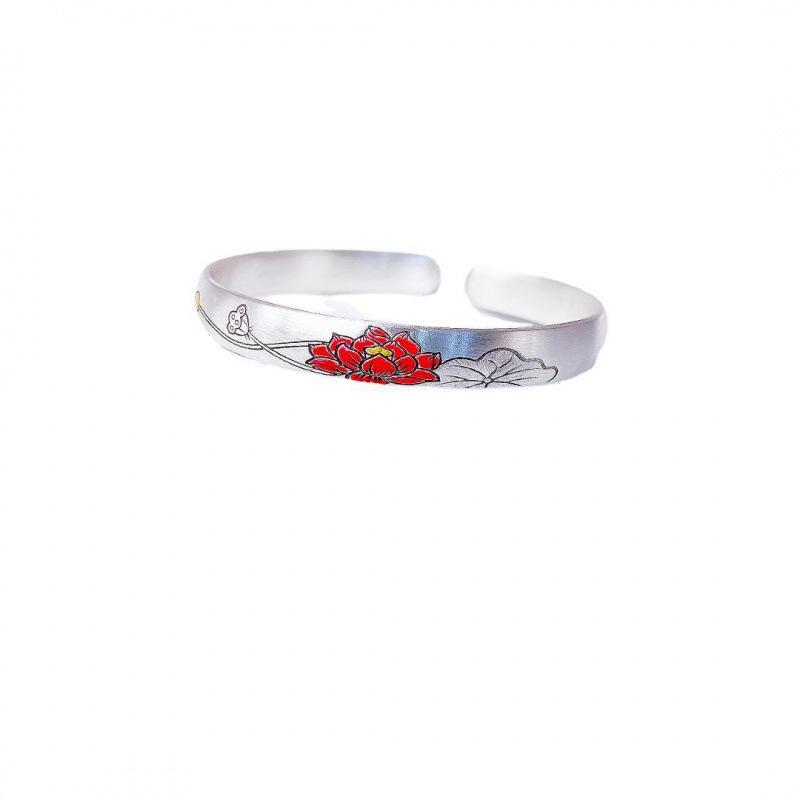 

Серебряный браслет S999 с древней эмалью и цветком лотоса. Китайский шикарный браслет с перегородчатой ​​эмалью. Adjustable size