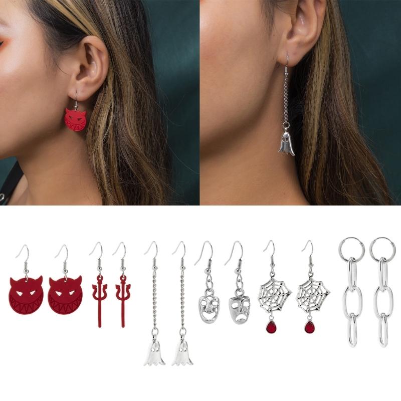 6 Pairs Women Studs Holiday Earrings Halloween Devil Spider Skull Ghost Earrings Cool Dangle Earring Party Jewelry Lover