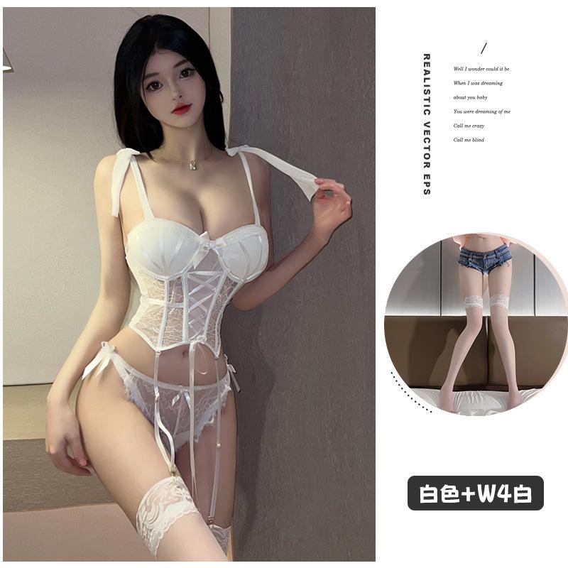 New European And American Lingerie Sexy Temptation Bow Tie Lace Keel Body Steel Ring Gathering Small Chest Suspender Uniform Set