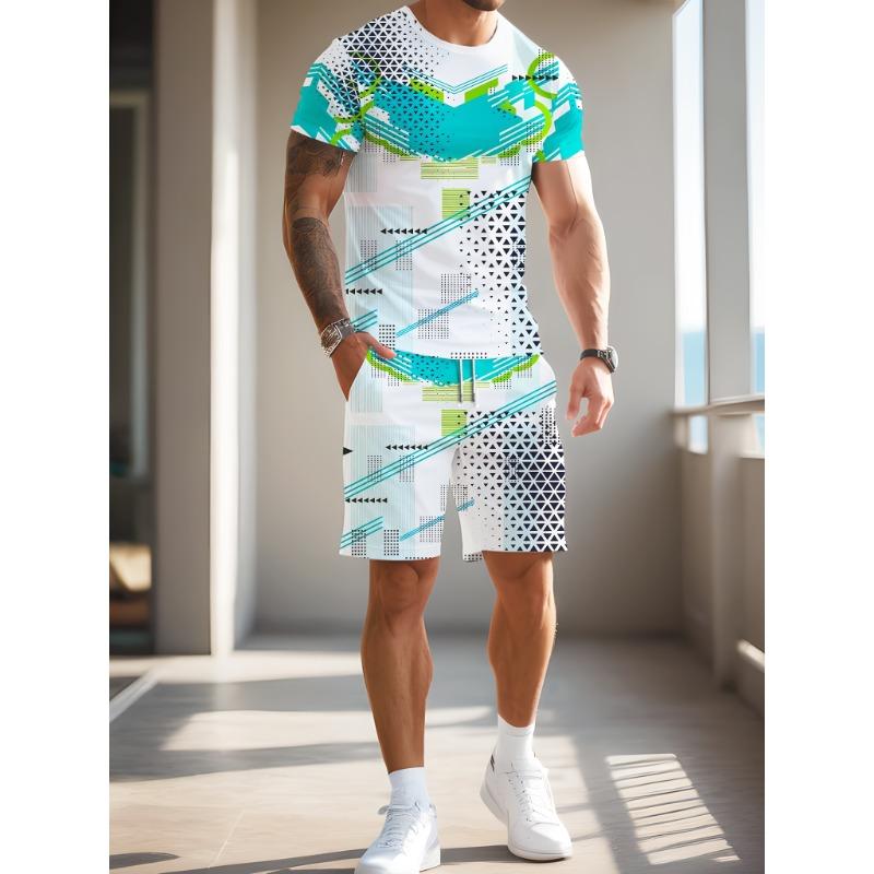 

Irregular lines 3D printing pattern, men s short-sleeved suit is a hit in summer, casual and regular fit XL