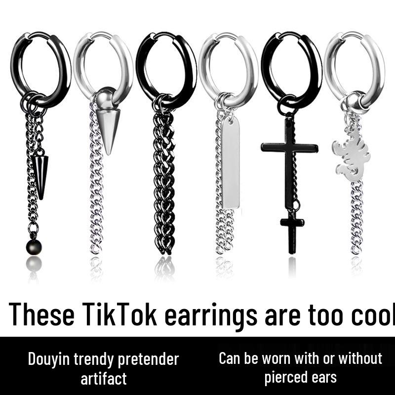 Baosalina Titanium Steel Earrings: Trendy Long Tassel Chain Earrings for Men and Women.