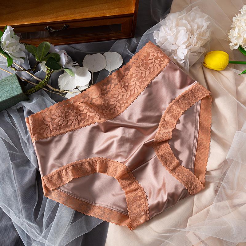 Ladies Spring and Summer Clash Color Lace Edge Naked Sense Without Trace Ice Silk High Waist Triangle Briefs